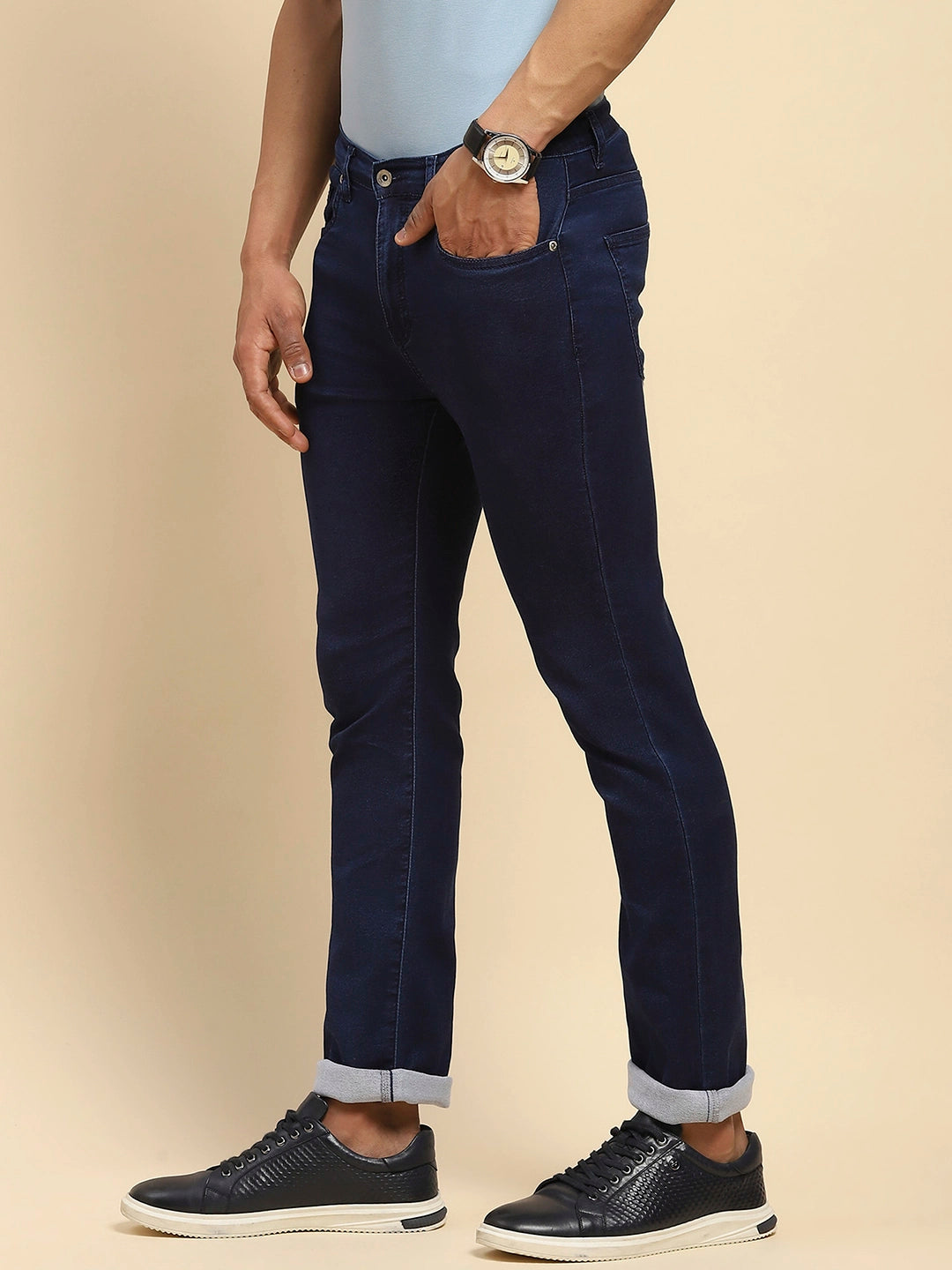 Dark Blue Cotton Blend Slim Fit Jeans For Men