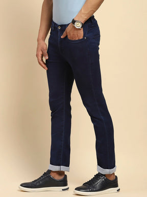 Dark Blue Cotton Blend Straight Fit Jeans For Men