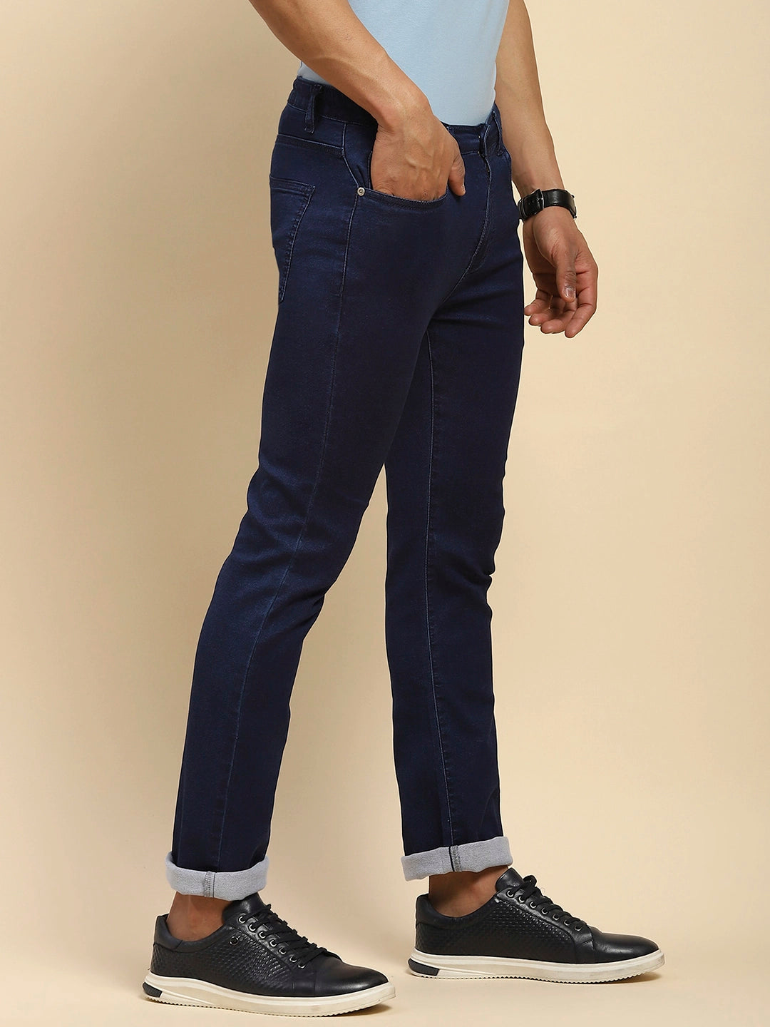 Dark Blue Cotton Blend Slim Fit Jeans For Men