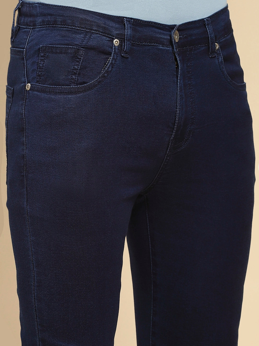 Dark Blue Cotton Blend Slim Fit Jeans For Men