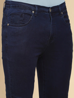 Dark Blue Cotton Blend Straight Fit Jeans For Men