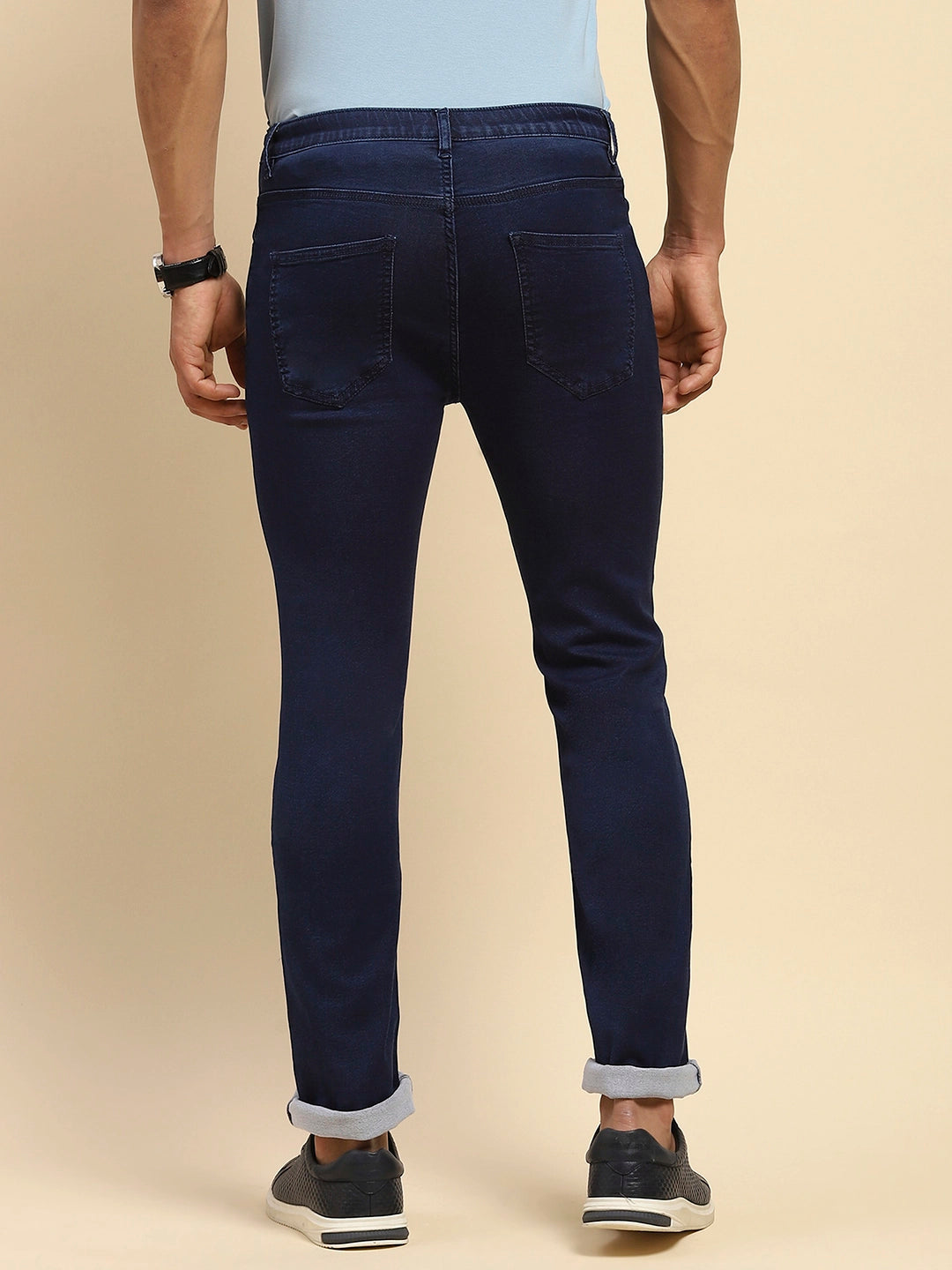 Dark Blue Cotton Blend Slim Fit Jeans For Men