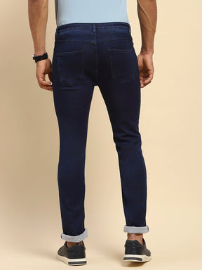 Dark Blue Cotton Blend Straight Fit Jeans For Men