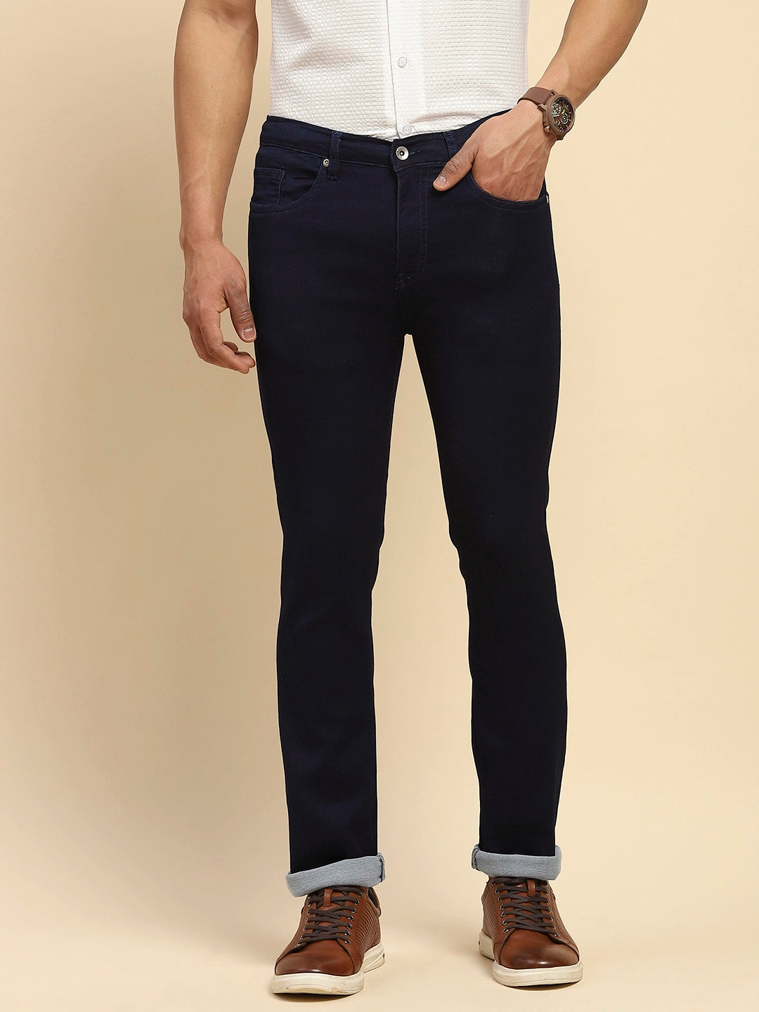 Raw Blue Cotton Blend Straight Fit Jeans For Men