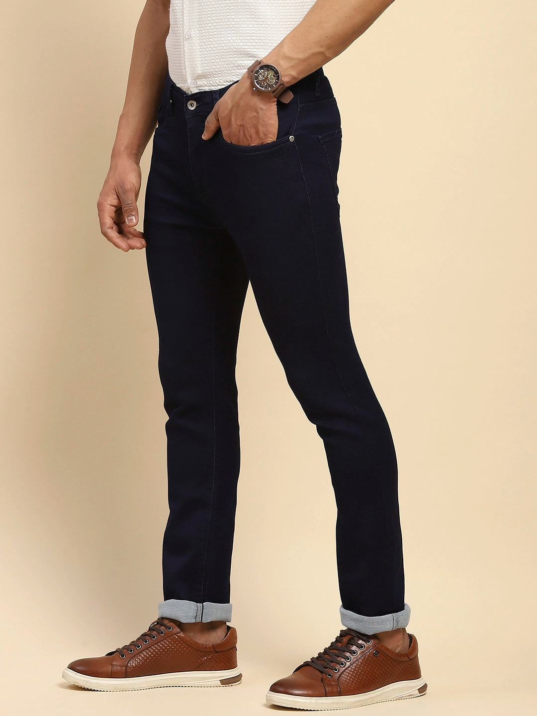 Raw Blue Cotton Blend Straight Fit Jeans For Men