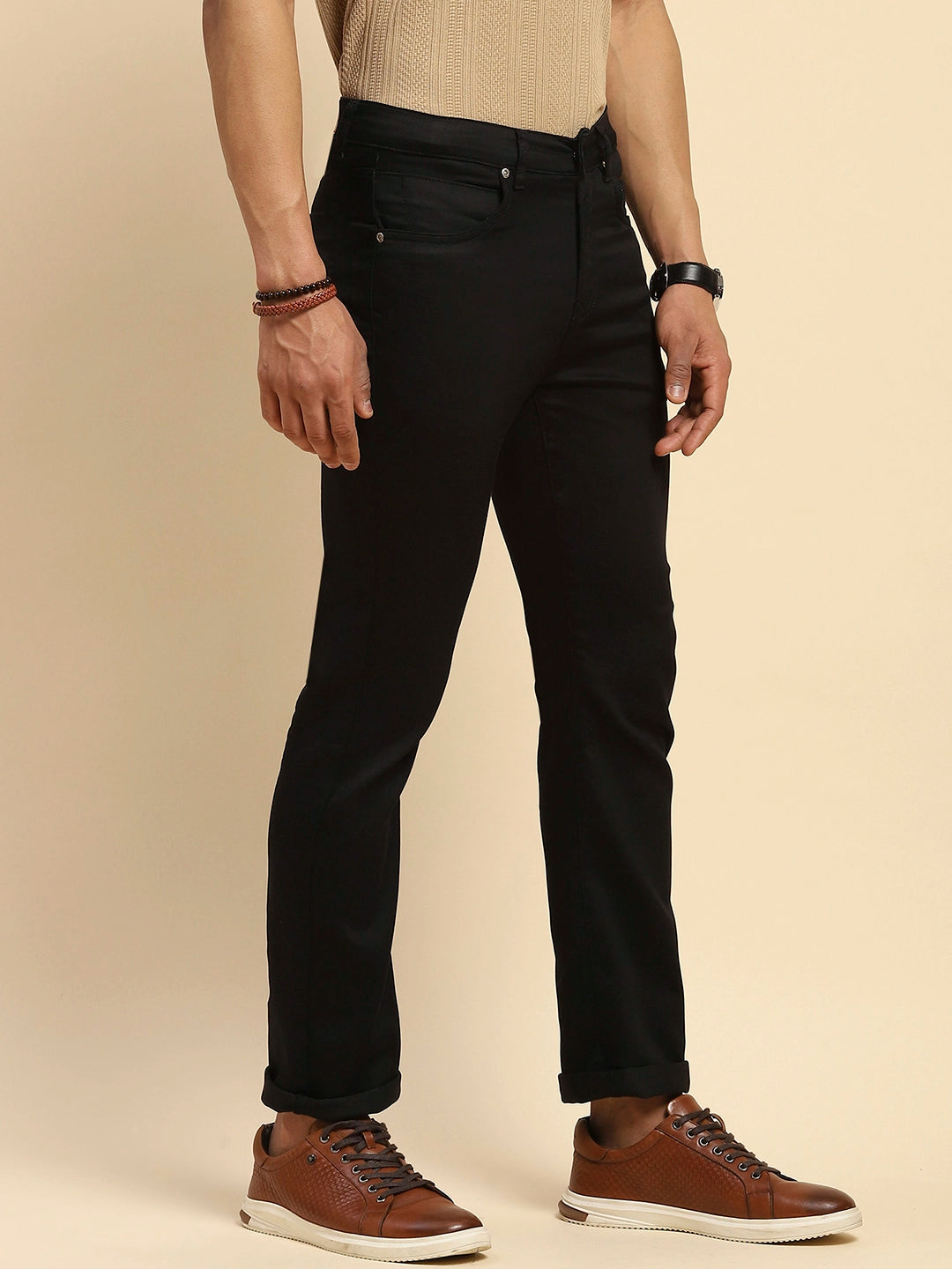 Black Cotton Blend Straight Fit Trouser For Men