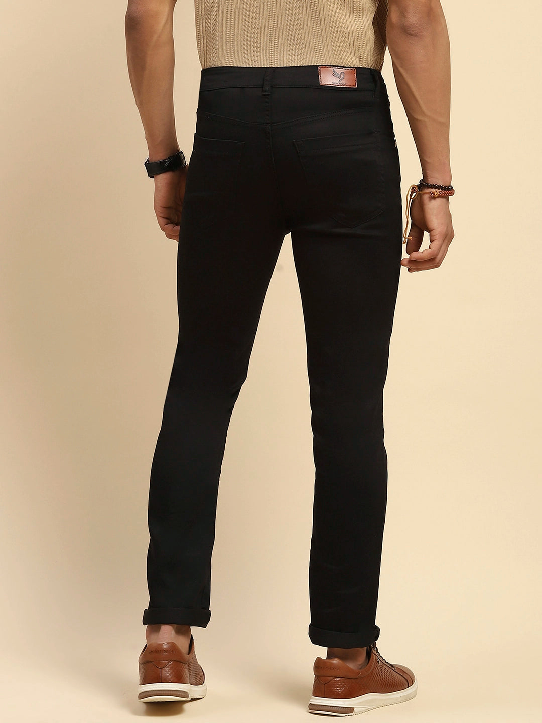 Black Cotton Blend Straight Fit Trouser For Men