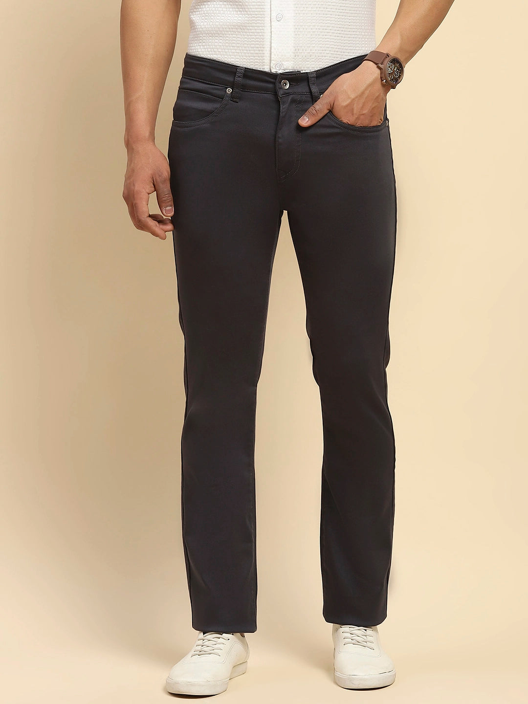 Steel Grey Cotton Blend Straight Fit Trouser For Men