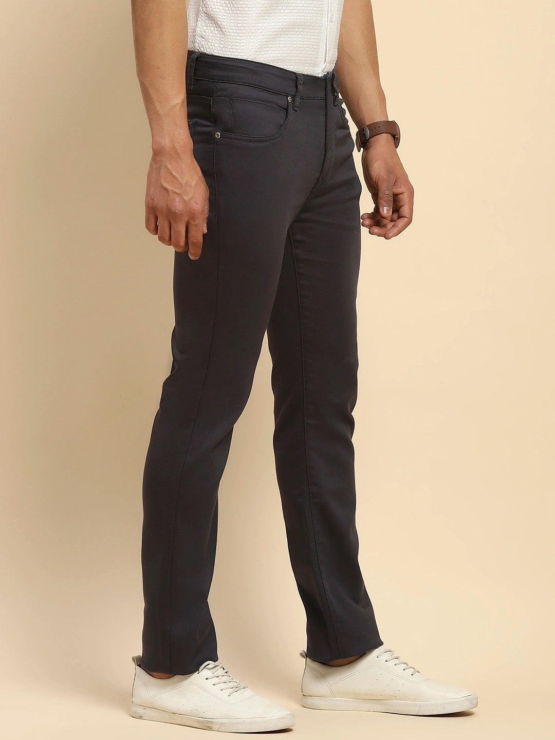 Steel Grey Cotton Blend Straight Fit Trouser For Men