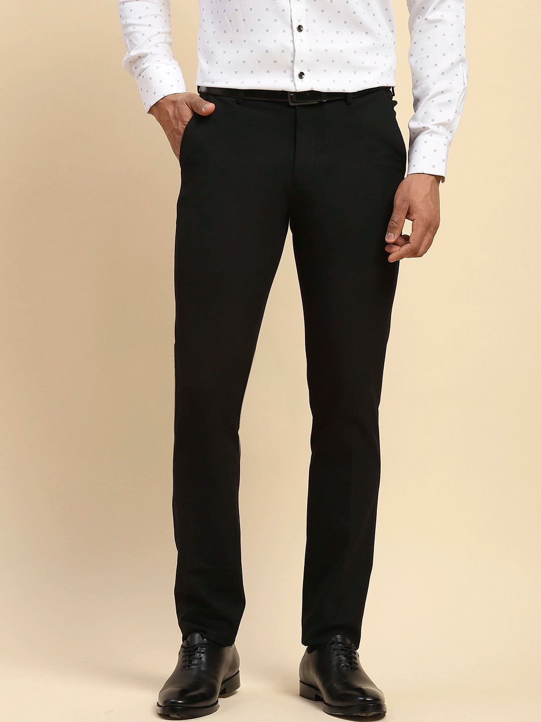 Black Cotton Blend Straight Fit Trouser For Men