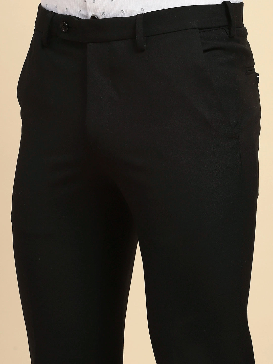 Black Cotton Blend Straight Fit Trouser For Men