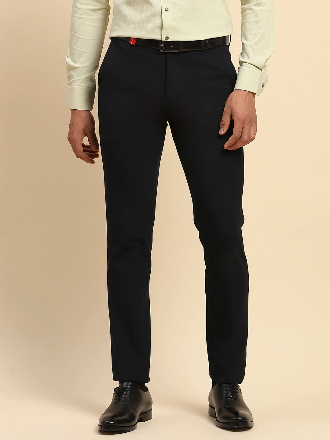 Navy Blue Cotton Blend Straight Fit Trouser For Men