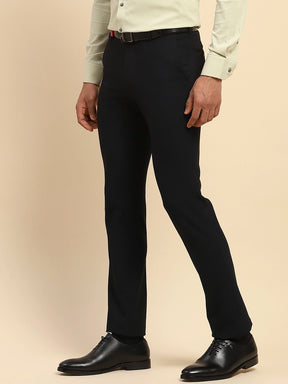 Navy Blue Cotton Blend Straight Fit Trouser For Men