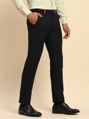 Navy Blue Cotton Blend Straight Fit Trouser For Men