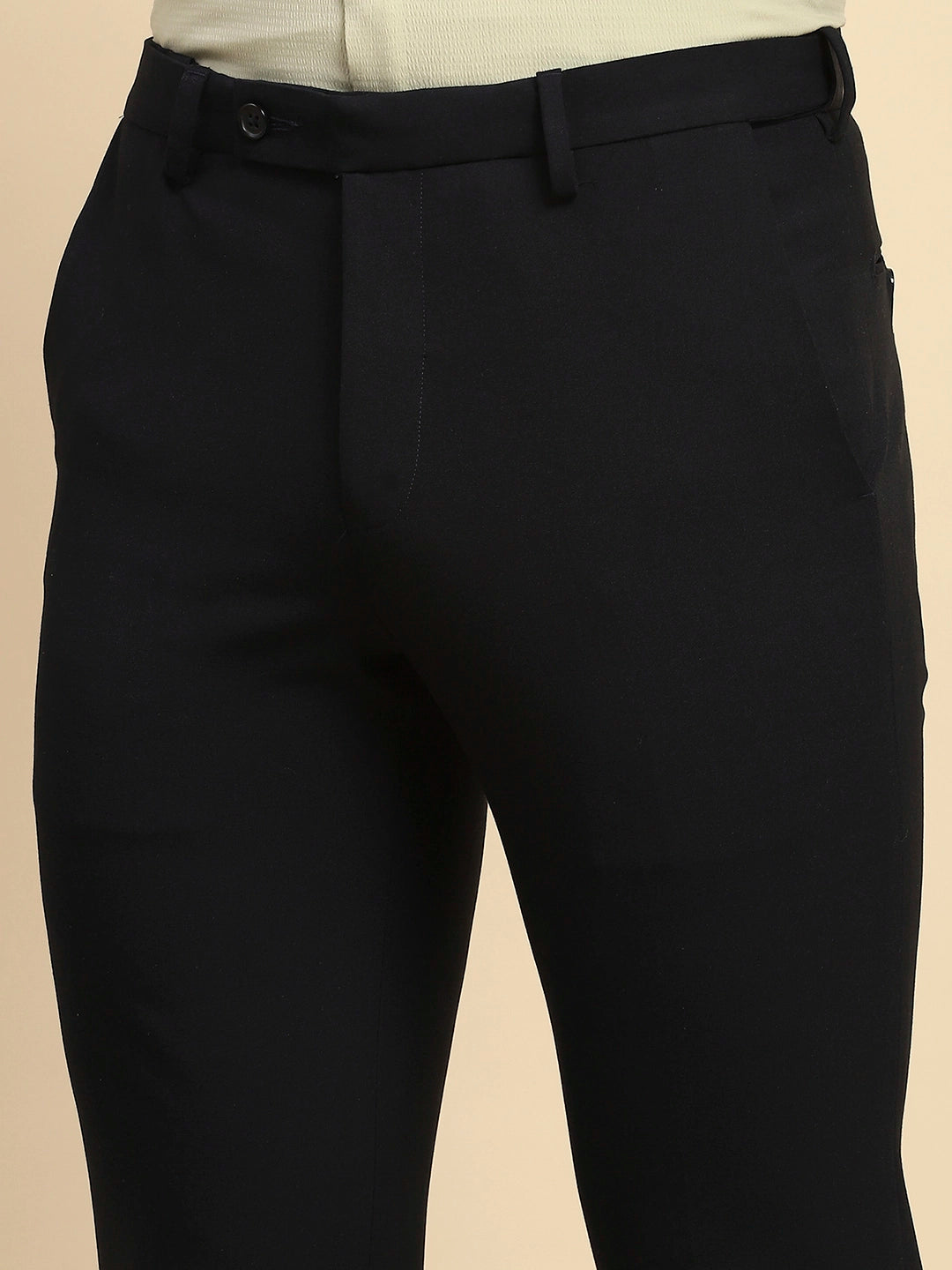 Navy Blue Cotton Blend Straight Fit Trouser For Men