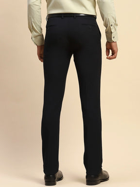 Navy Blue Cotton Blend Straight Fit Trouser For Men