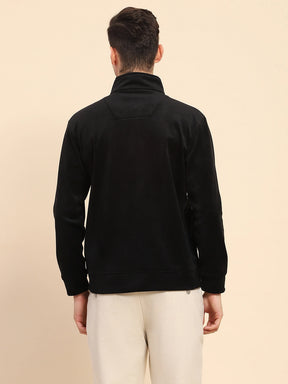 Black Poly Blend Flap Pocket Solid Jacket