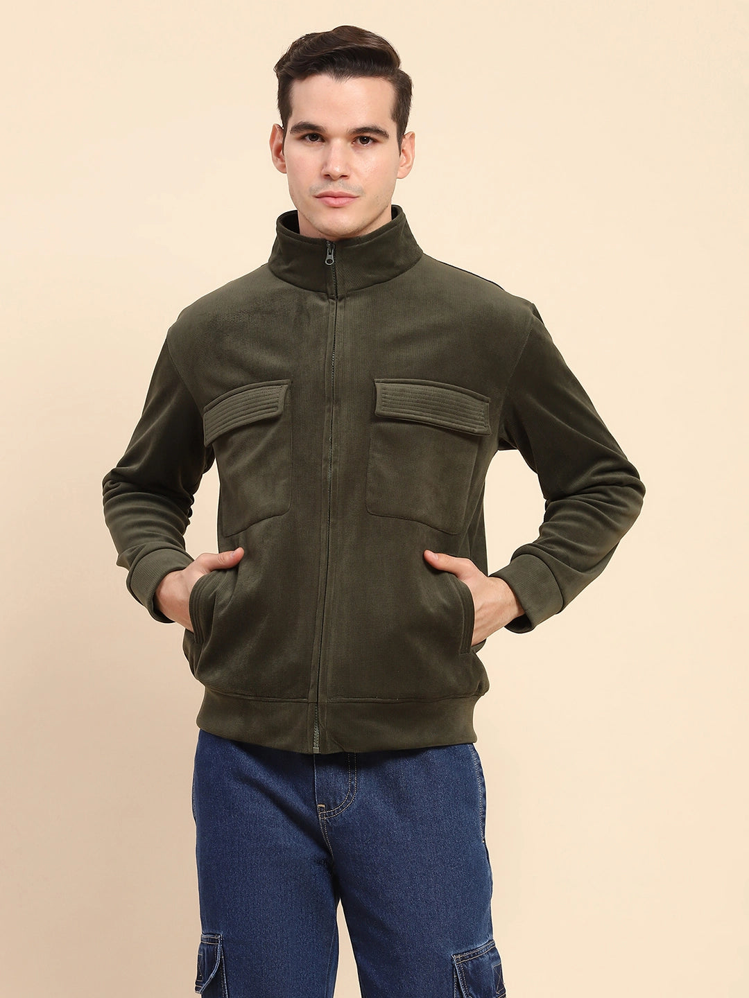 Olive Poly Blend Flap Pocket Solid Jacket