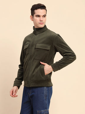 Olive Poly Blend Flap Pocket Solid Jacket