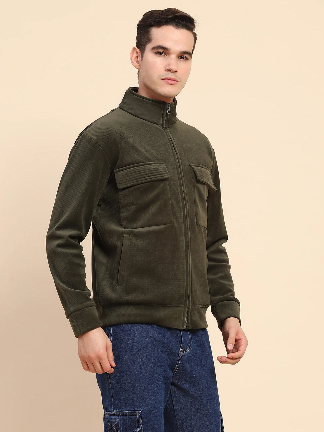 Olive Poly Blend Flap Pocket Solid Jacket