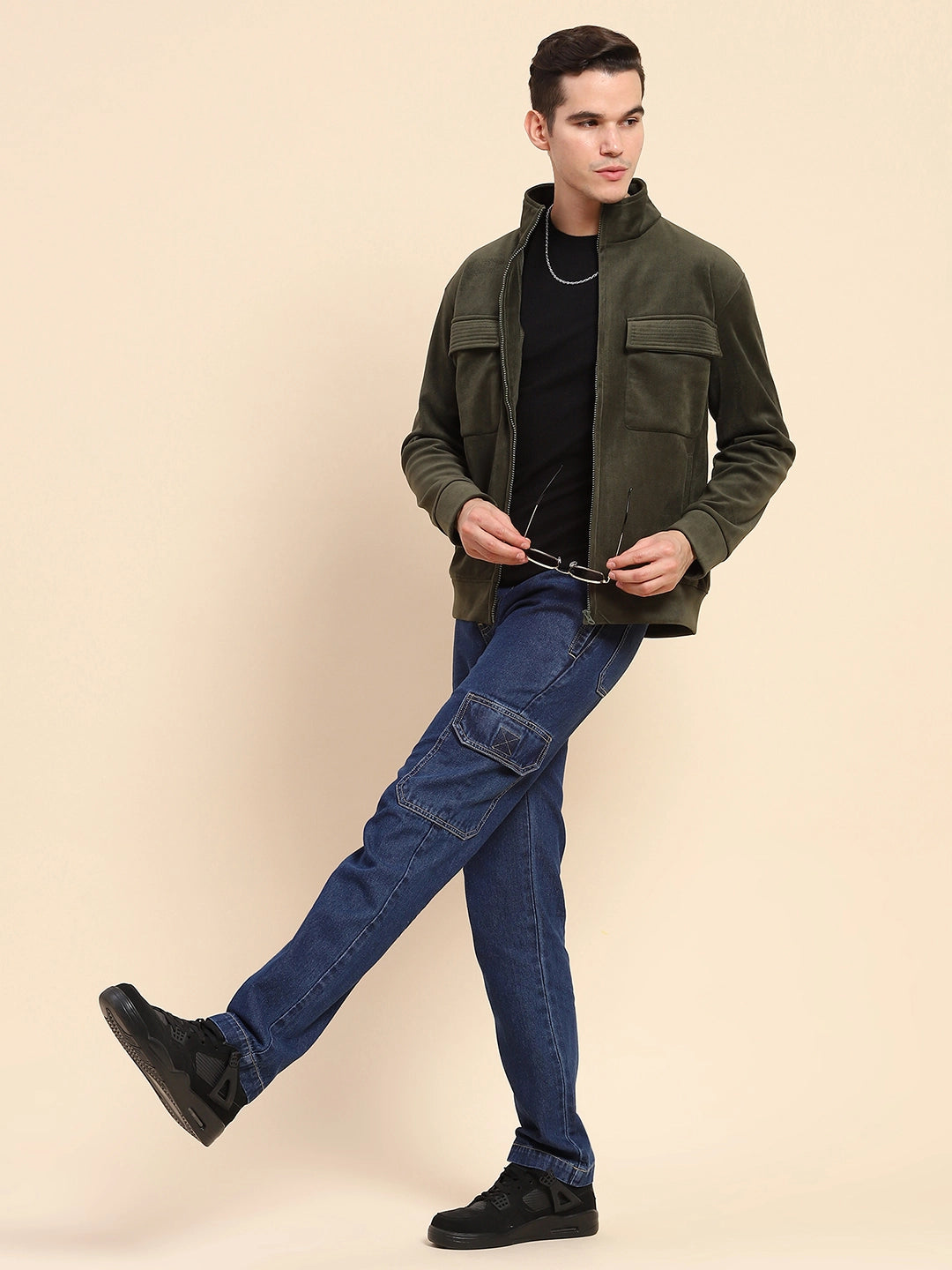 Olive Poly Blend Flap Pocket Solid Jacket