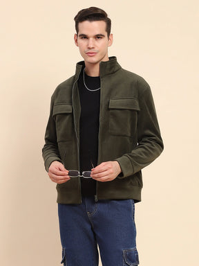 Olive Poly Blend Flap Pocket Solid Jacket