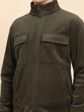 Olive Poly Blend Flap Pocket Solid Jacket