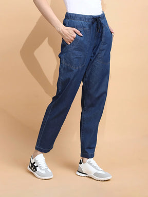 Dark Blue Cotton Blend Loose Fit Lower For Women