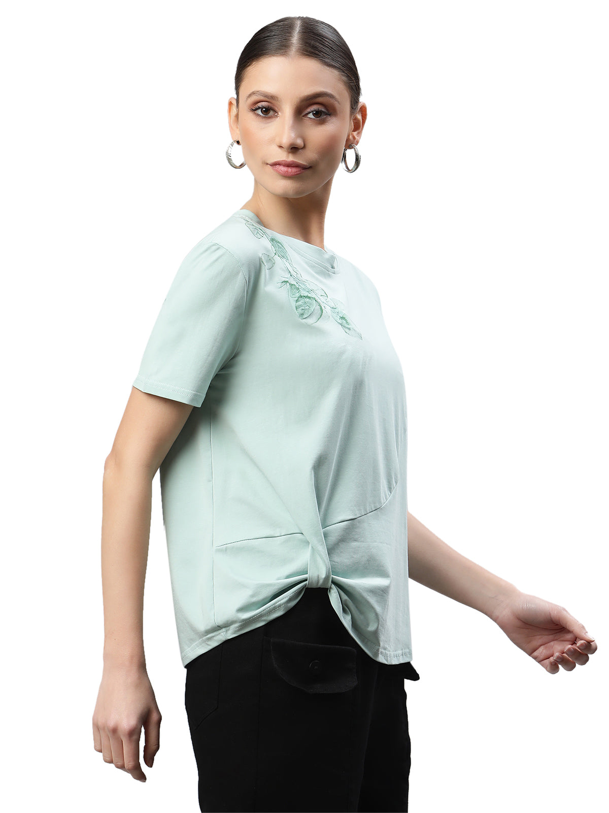 Green Cotton Blend Regular Fit Top For Women