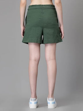 Green Cotton Regular Fit Shorts For Women