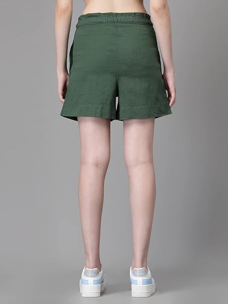Green Cotton Regular Fit Shorts For Women
