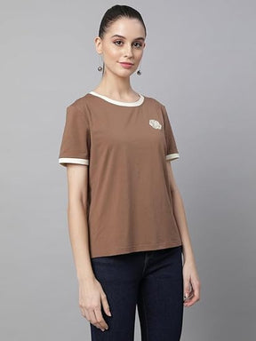 Brown Cotton Blend Regular Fit Top For Women