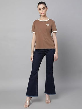 Brown Cotton Blend Regular Fit Top For Women