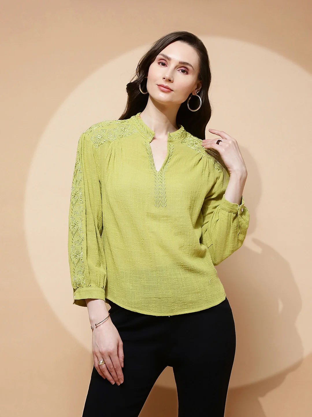 Green Polycotton Regular Fit Blouse For Women