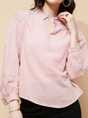 Pink Polycotton Regular Fit Blouse For Women