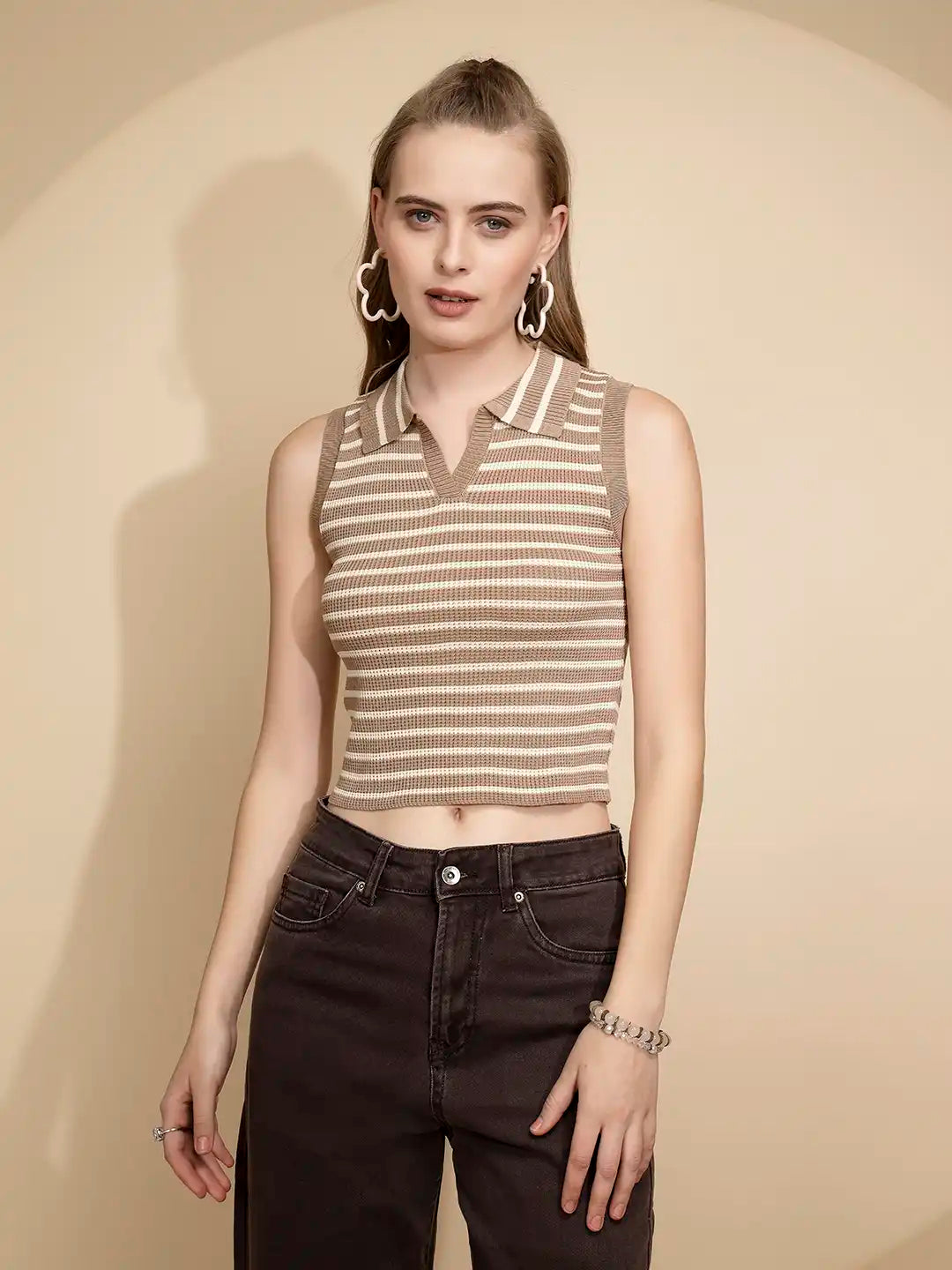 Dark Beige Viscose Slim Fit Crop Top For Women