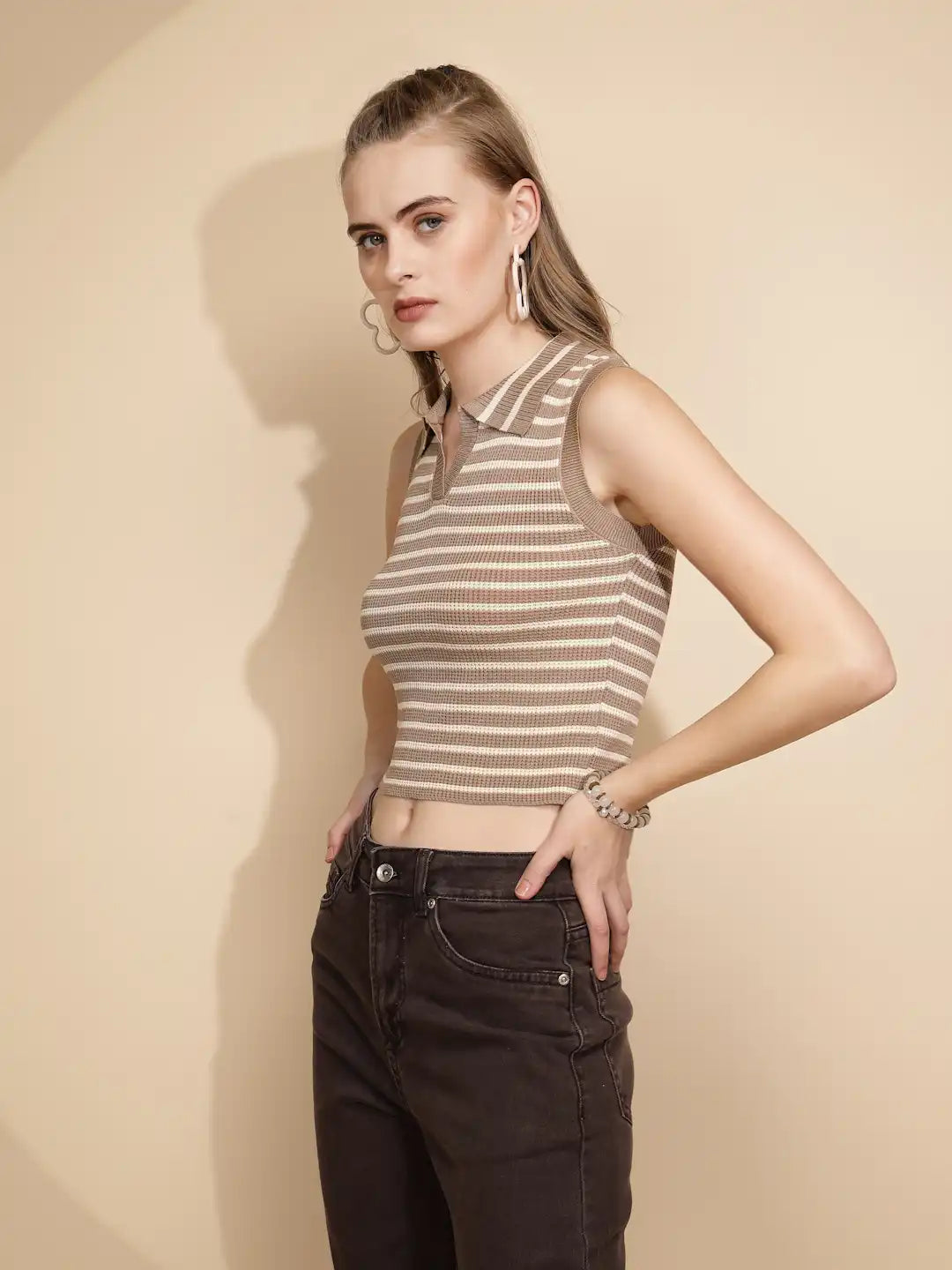 Dark Beige Viscose Slim Fit Crop Top For Women