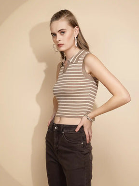 Dark Beige Viscose Slim Fit Crop Top For Women