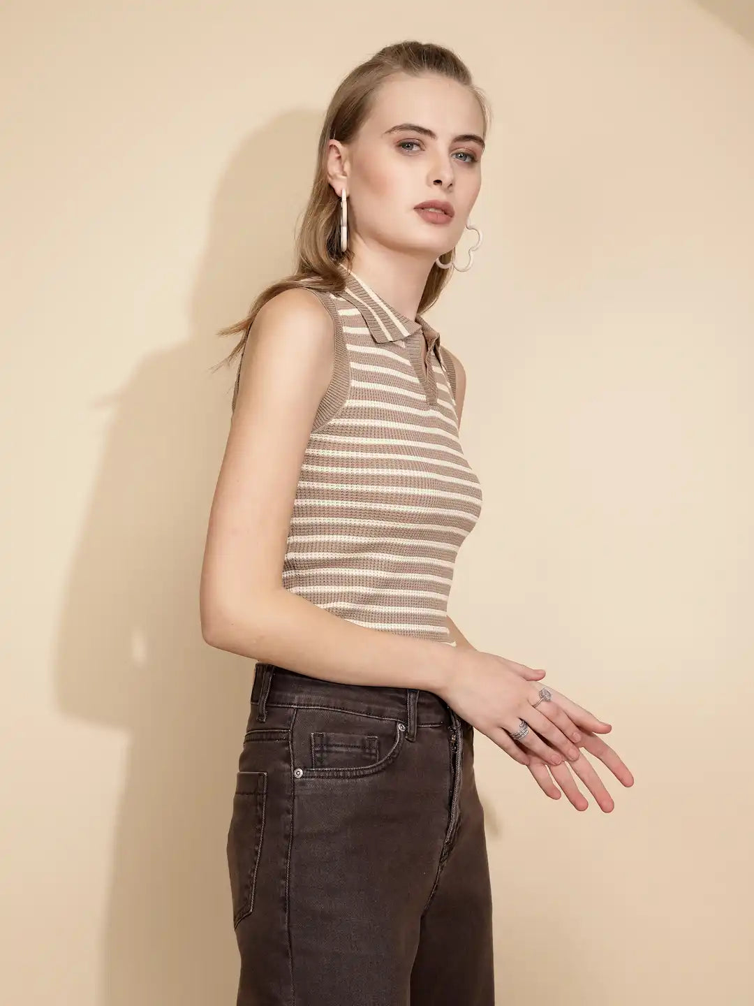 Dark Beige Viscose Slim Fit Crop Top For Women