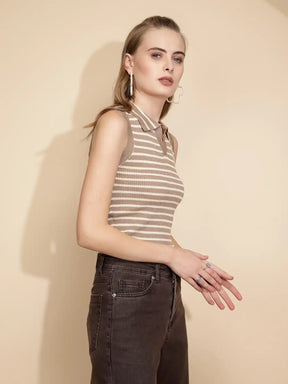 Dark Beige Viscose Slim Fit Crop Top For Women