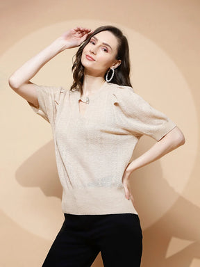 Beige Polyester Blend Regular Fit Top For Women