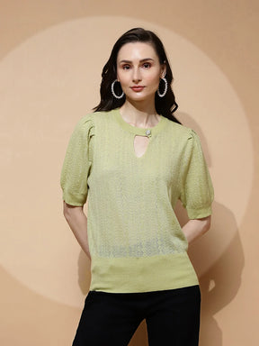 Green Polyester Blend Regular Fit Top For Women