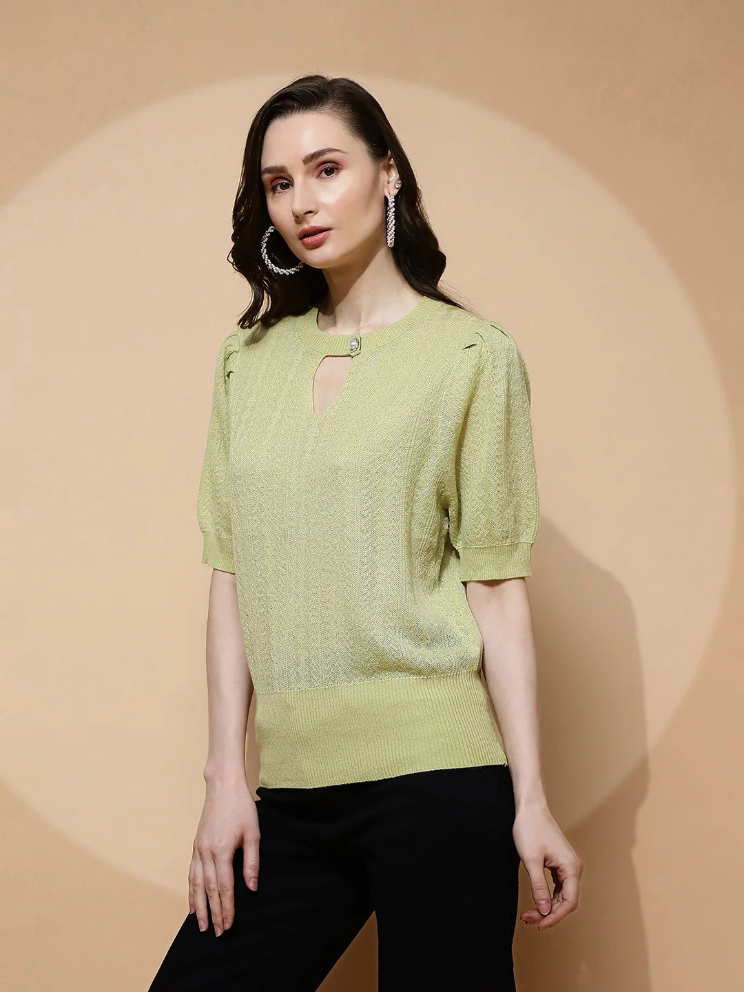 Green Polyester Blend Regular Fit Top For Women
