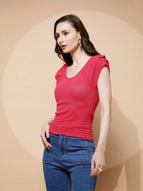 Hot Pink Polyester Blend Regular Fit Top For Women