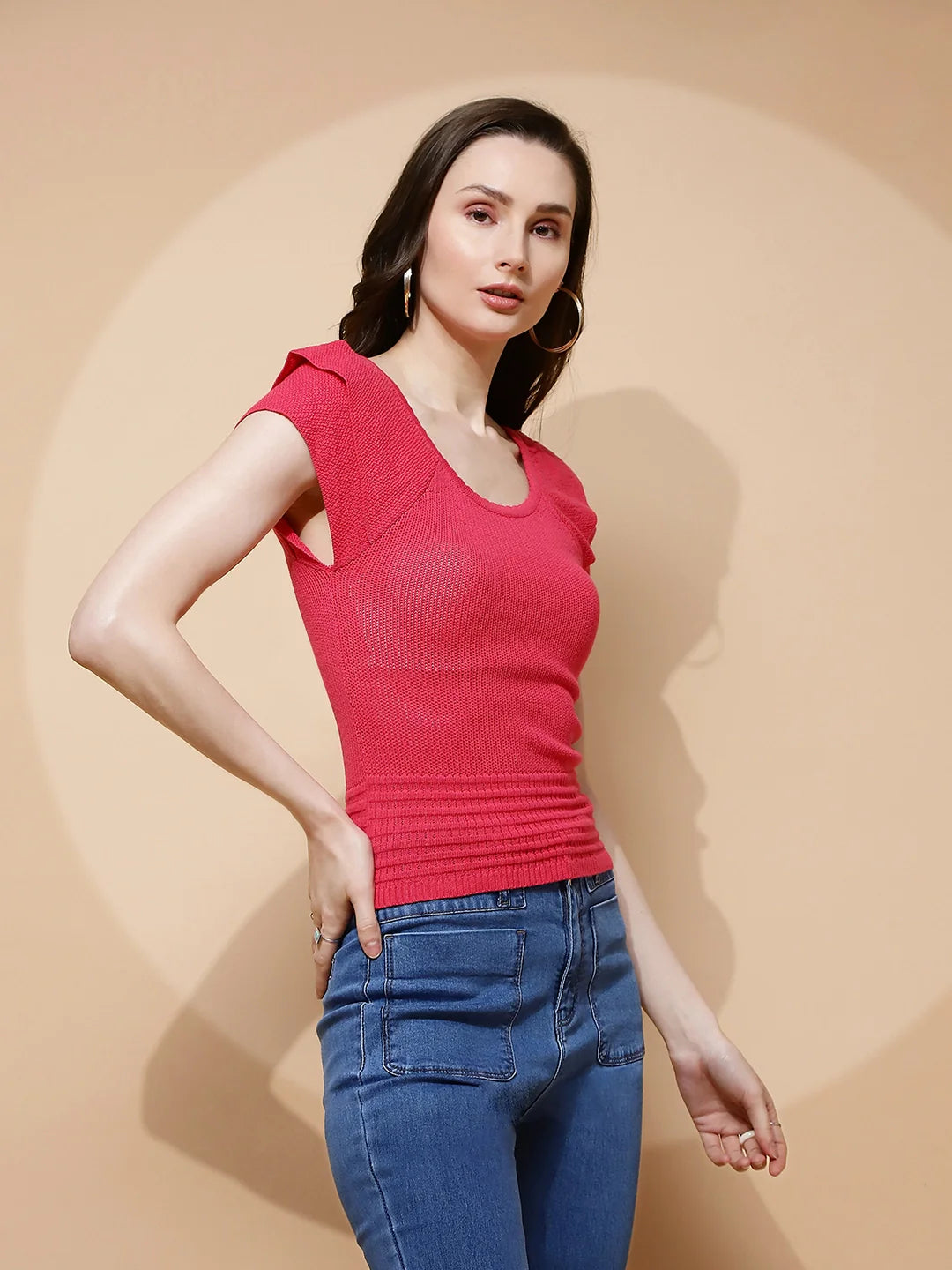 Hot Pink Polyester Blend Regular Fit Top For Women