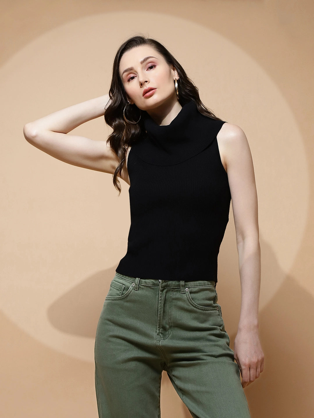 Black Polyester Blend Regular Fit Top For Women