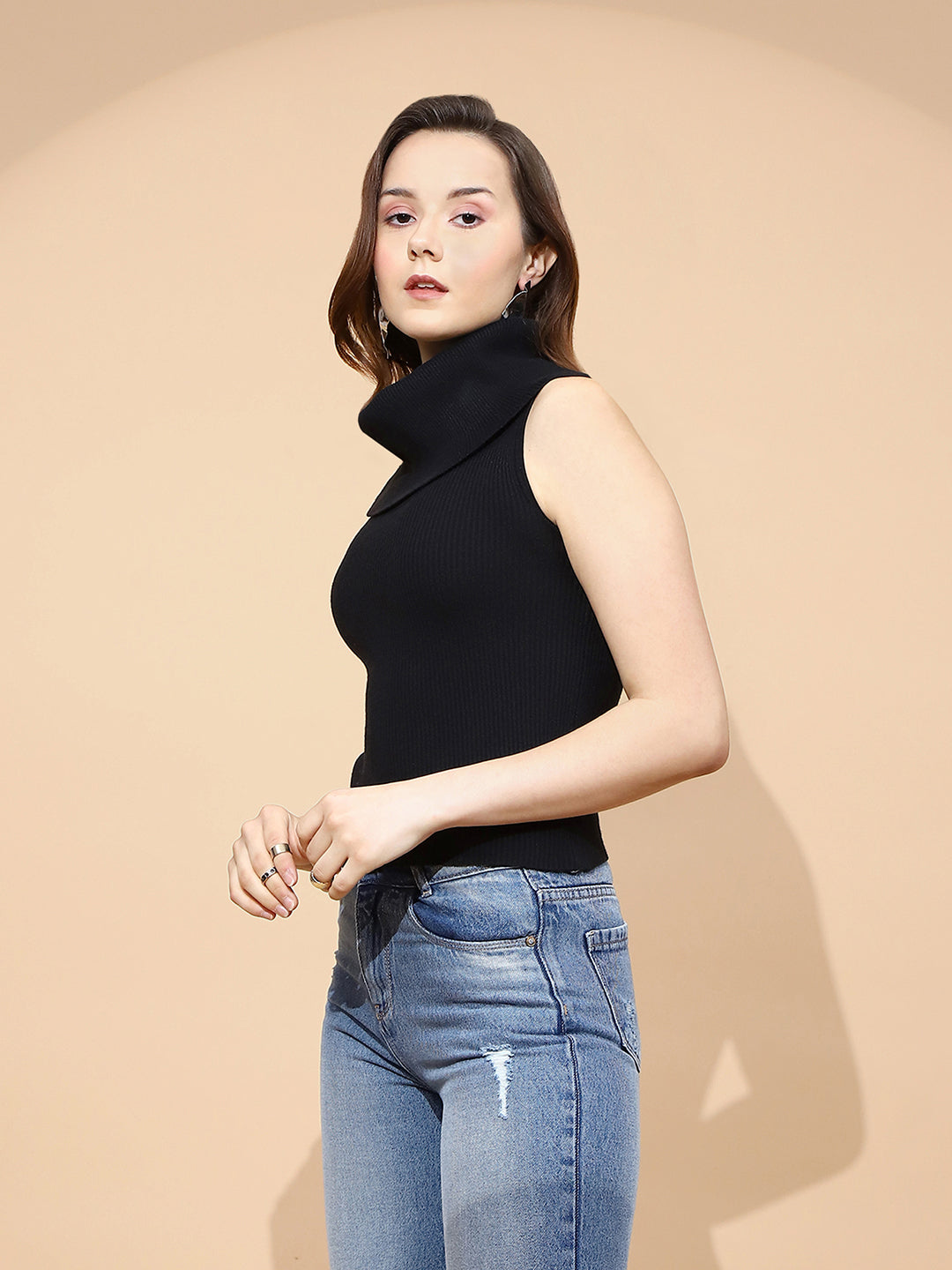 Black Polyester Blend Regular Fit Top For Women