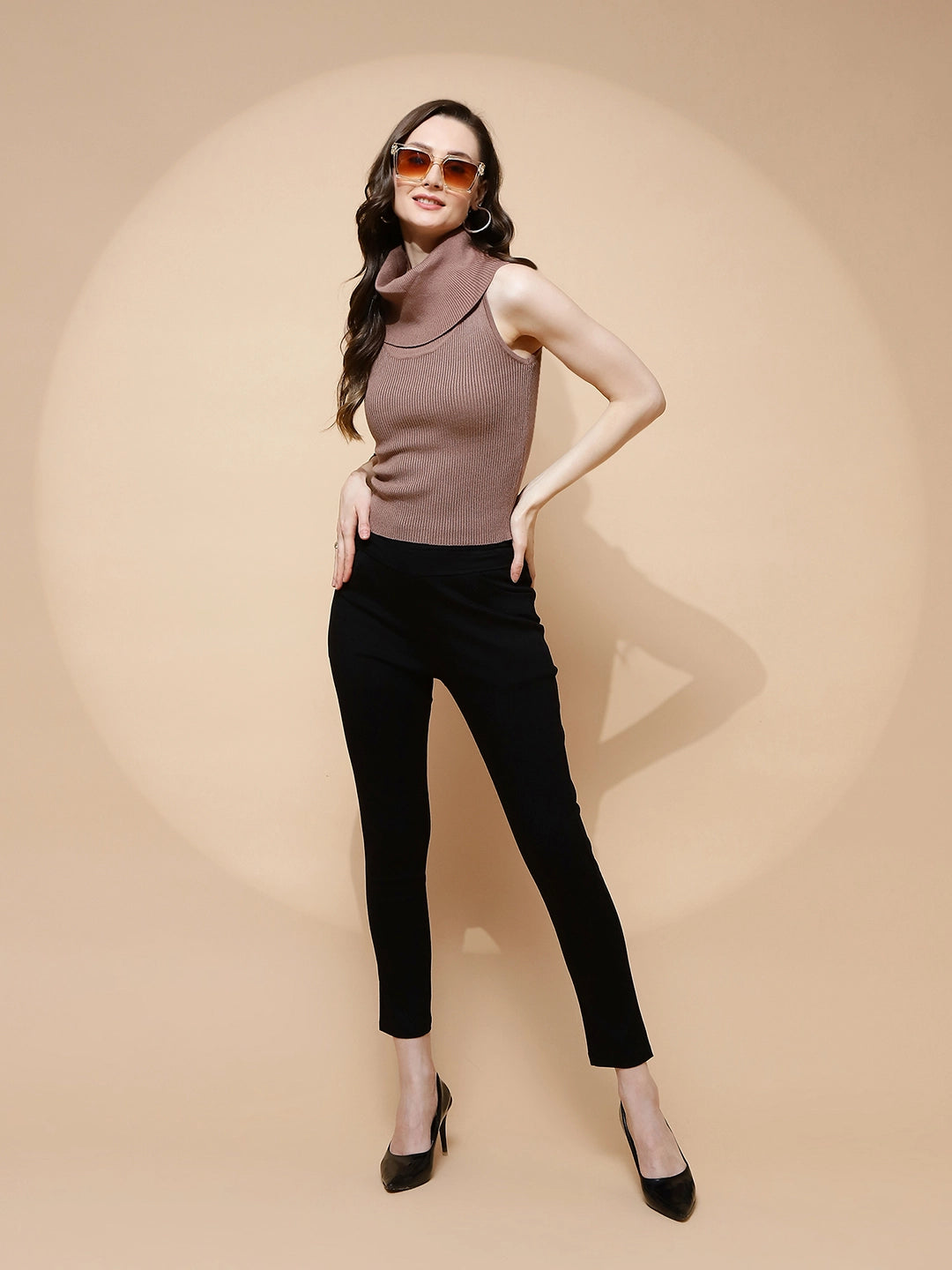 Mocha Polyester Blend Regular Fit Top For Women