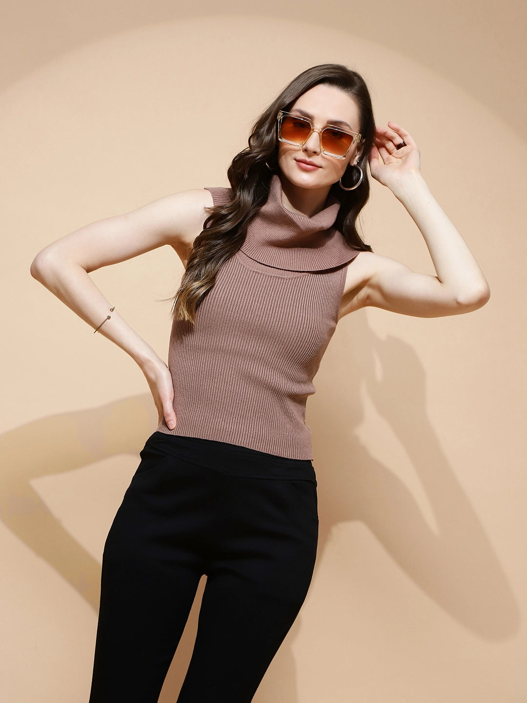 Mocha Polyester Blend Regular Fit Top For Women