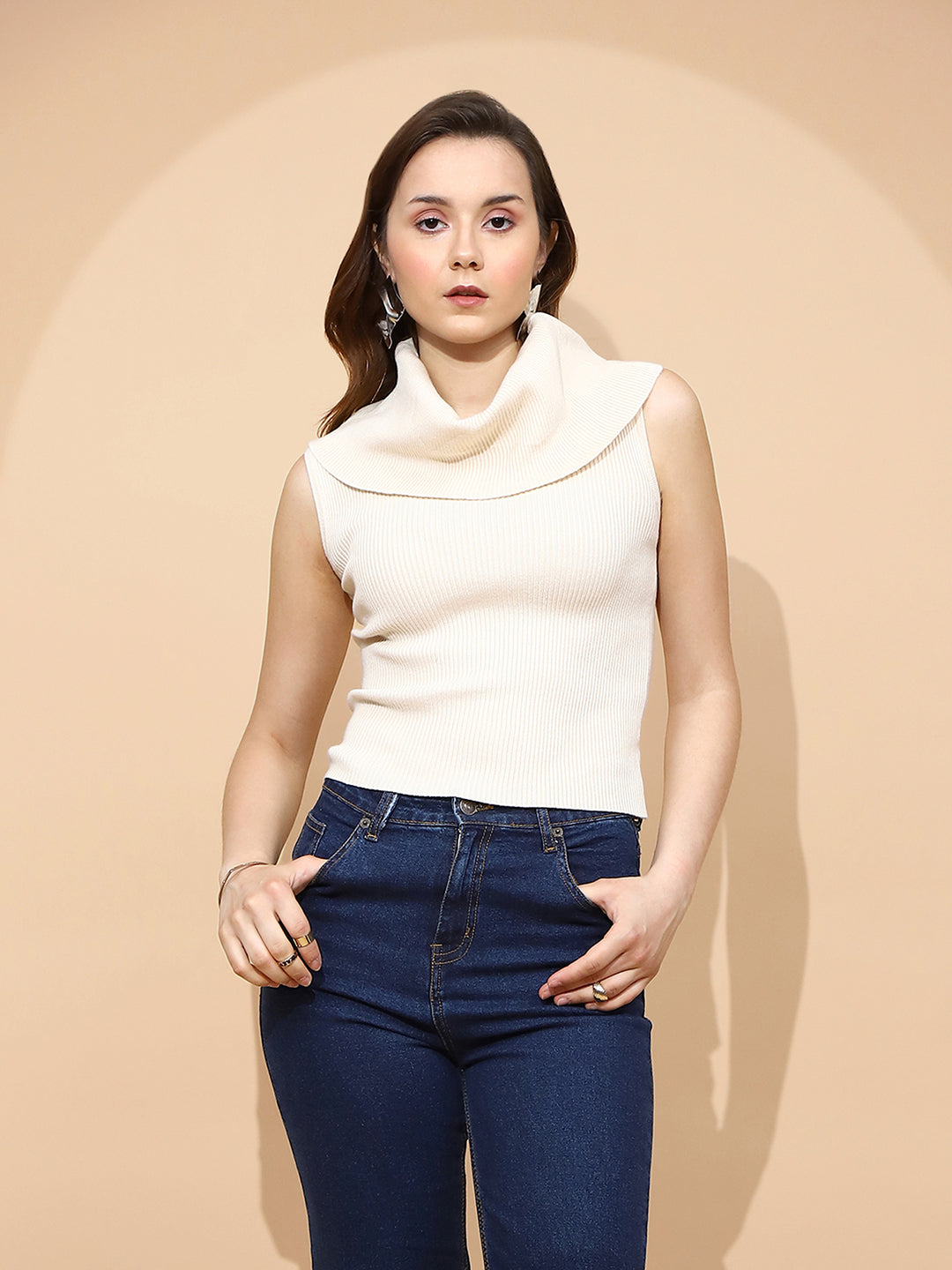 Off White Polyester Blend Regular Fit Top For Women